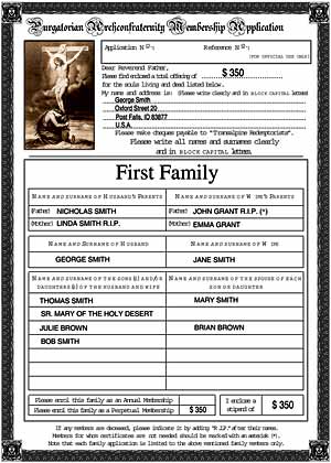 Sample application form for a Purgatorian Archconfraternity family membership, filled in with the sample data above